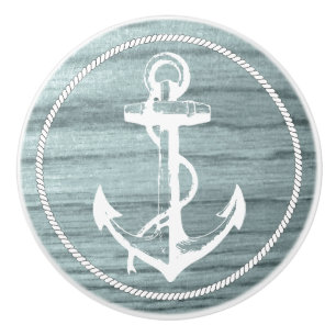 Blå Åldras Wood-utskrift med Nautical Anchor Knopp