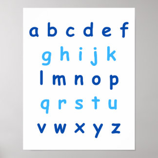 Blå alfabet Lowercase Brev Lacher Kids Room Poster
