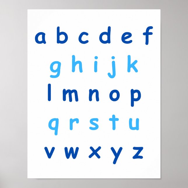 Blå alfabet Lowercase Brev Lacher Kids Room Poster (Framsidan)