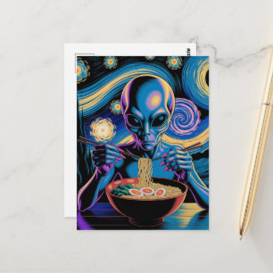 Blå Alien Äter Ramen Vykort