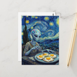 Blå Alien Äter Stekta Ägg Falsk Van Gogh Vykort