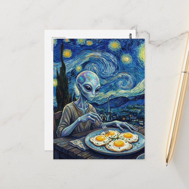 Blå Alien Äter Stekta Ägg Falsk Van Gogh Vykort (Fram/Back In Situ)