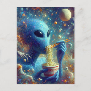 Blå Alien Eating Noodles Vykort