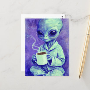 Blå Alien med Kopp i kaffe Vykort