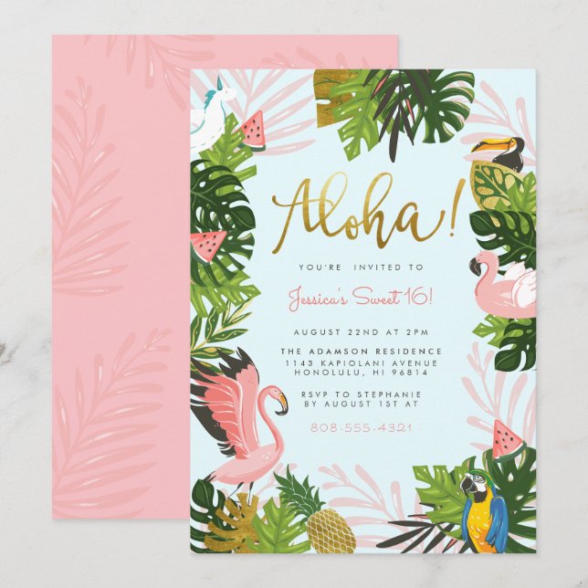 Blå | Aloha Hawaii Tropical Guld Födelsedagsfest Inbjudningar (Fram/baksida)