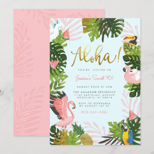 Blå Aloha Hawaii Tropical Guld Födelsedagsfest Inbjudningar