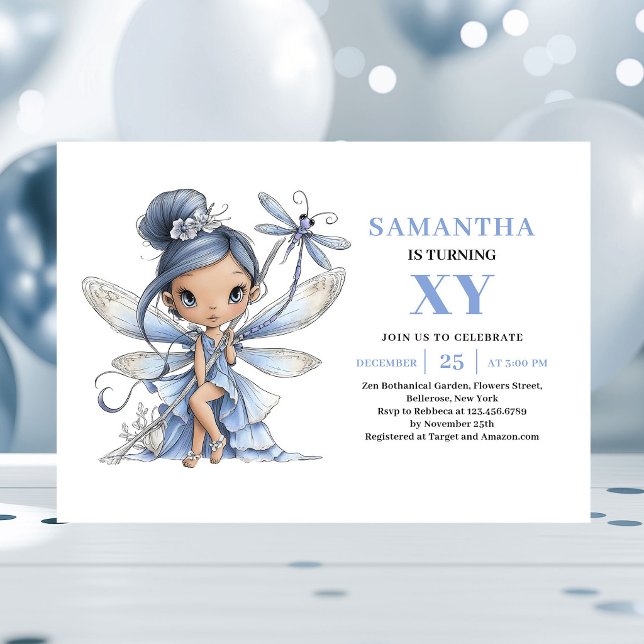 Blå Älva Flicka 6-årsdag Lättsamt Pastell inbjudan (Blue Fairy Girl 6th Birthday Whimsy Pastel invitation)