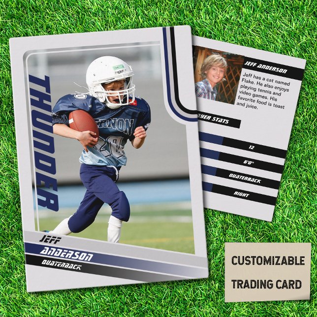 Blå amerikansk fotbollstraditionskort för barn (American Football Player Trading Card for Kids in Grey with Custom Team and Player Name Blue)