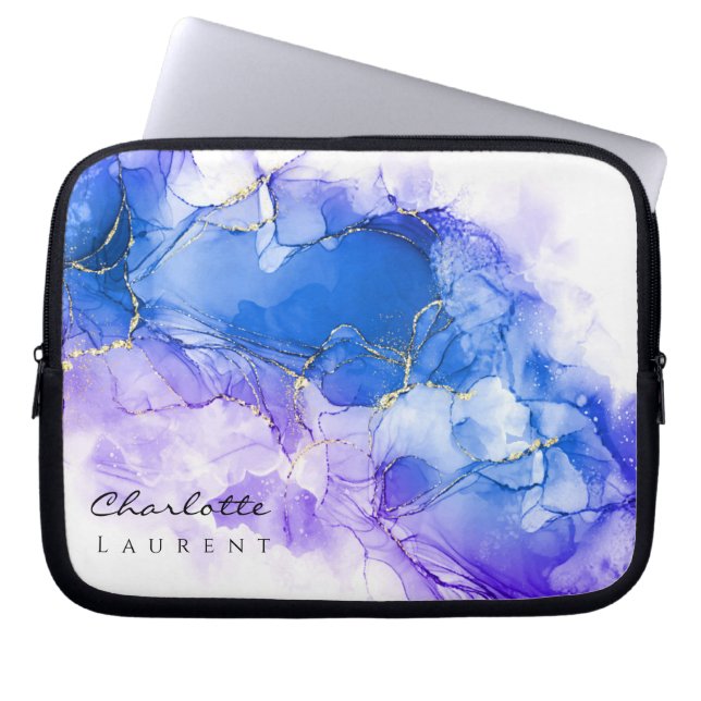 Blå Amethyst Watercolor Guld Glitter Anpassade Laptop Fodral (Framsidan)