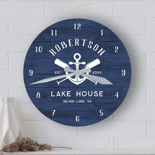 Blå Anchor Oars i Sjö House Nautical Navy Rund Klocka