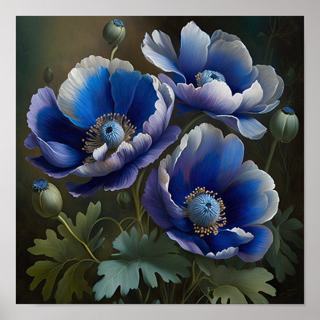 Blå Anemon Blommor Konsttryck Poster (Framsidan)