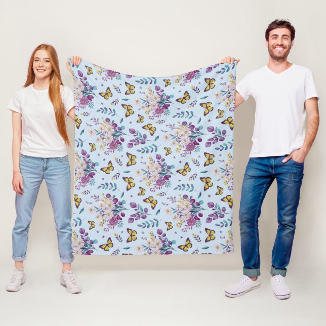 Blå Äng Fjäril Blommig Kastmadrass Fleecefilt (På plats)
