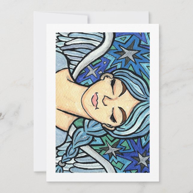 Blå ängel med slutna ögon julkort (Framsida)