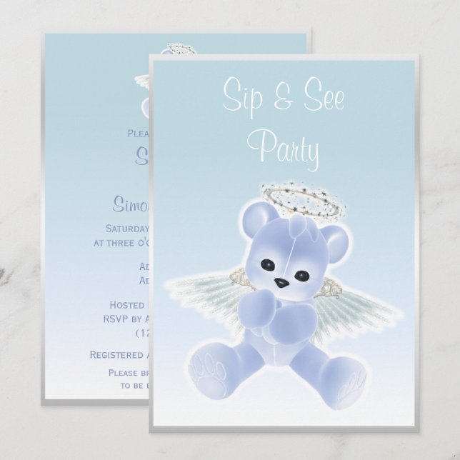 Blå Ängel Teddybjörn Sip & See Inbjudningar (Fram/baksida)