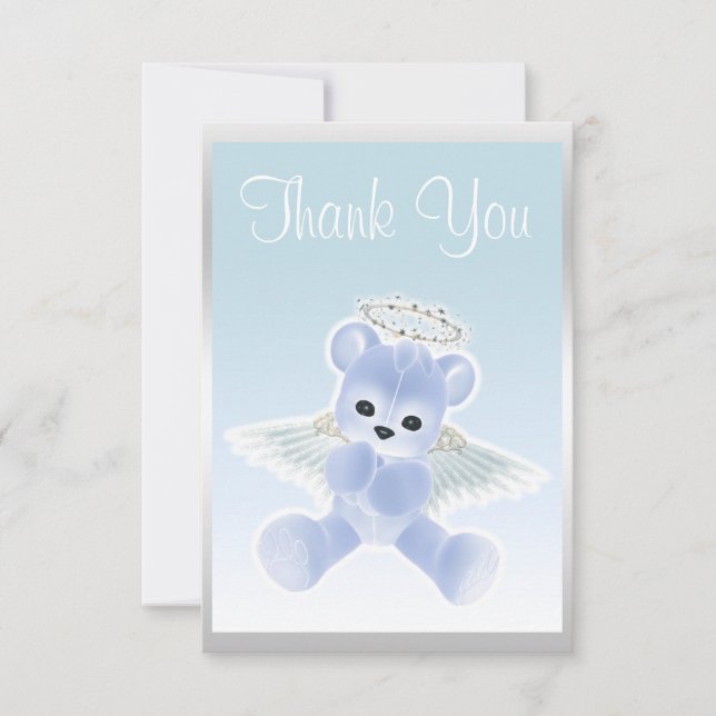 Blå Ängel Teddybjörn Tack Baby Shower Kort (Framsida)