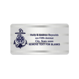 Blå Ankare Silver Vit Marin Cirkel Monogram 33 Adressetikett