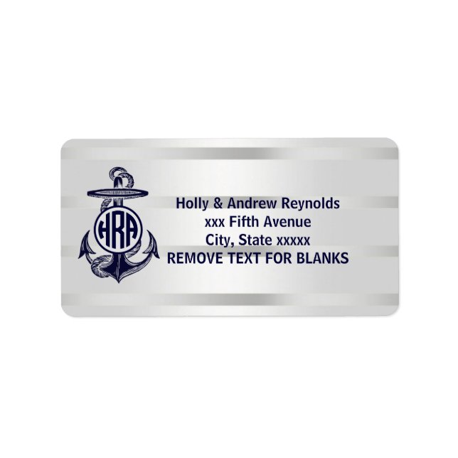 Blå Ankare Silver Vit Marin Cirkel Monogram 33 Adressetikett (Framsidan)