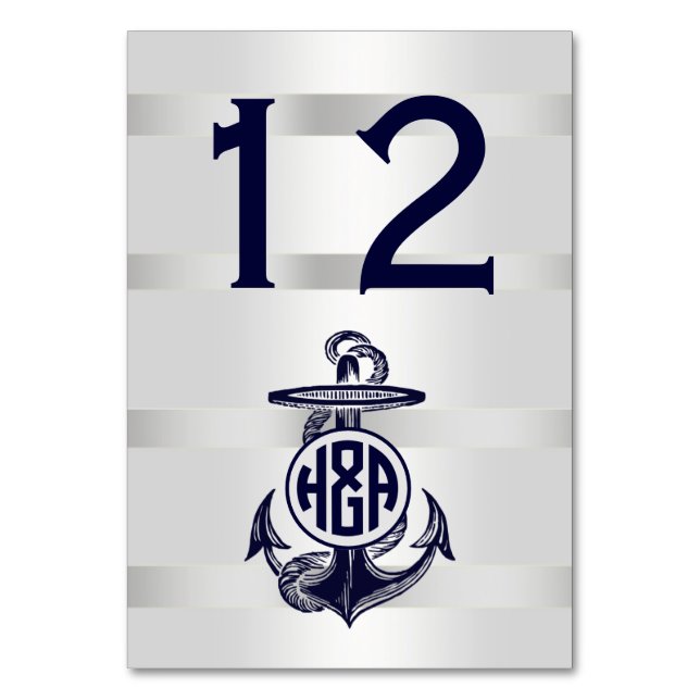 Blå Ankare Silver Vit Marin Cirkel Monogram 33 Bordsnummer (Framsidan)