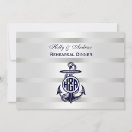 Blå Ankare Silver Vit Marin Cirkel Monogram 33 Inbjudningar