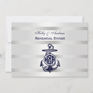 Blå Ankare Silver Vit Marin Cirkel Monogram 33 Inbjudningar