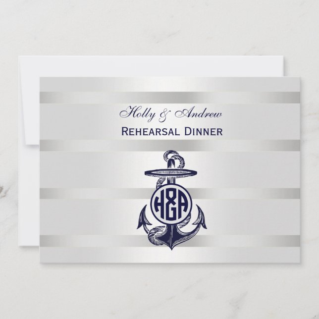 Blå Ankare Silver Vit Marin Cirkel Monogram 33 Inbjudningar (Framsida)
