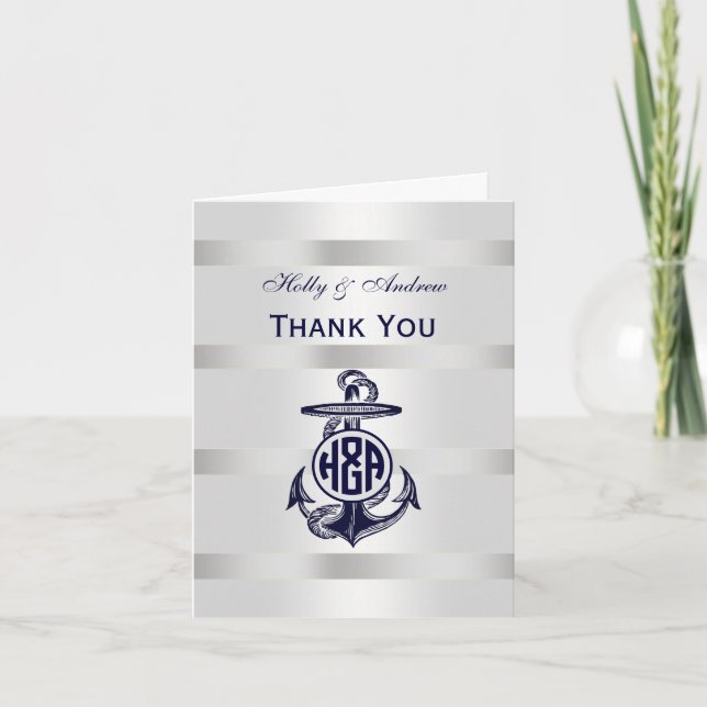 Blå Ankare Silver Vit Marin Cirkel Monogram 33 Tack Kort (Framsida)
