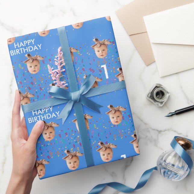 Blå Anpassningsbar Ansikte Fotobarn 1:a födelsedag Presentpapper (Gifting)