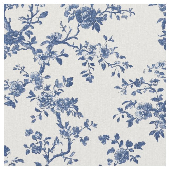 Blå Antik Blommig Toile-mönster Tyg (Närbild)