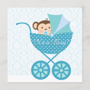 Blå apa baby shower inbjudningar