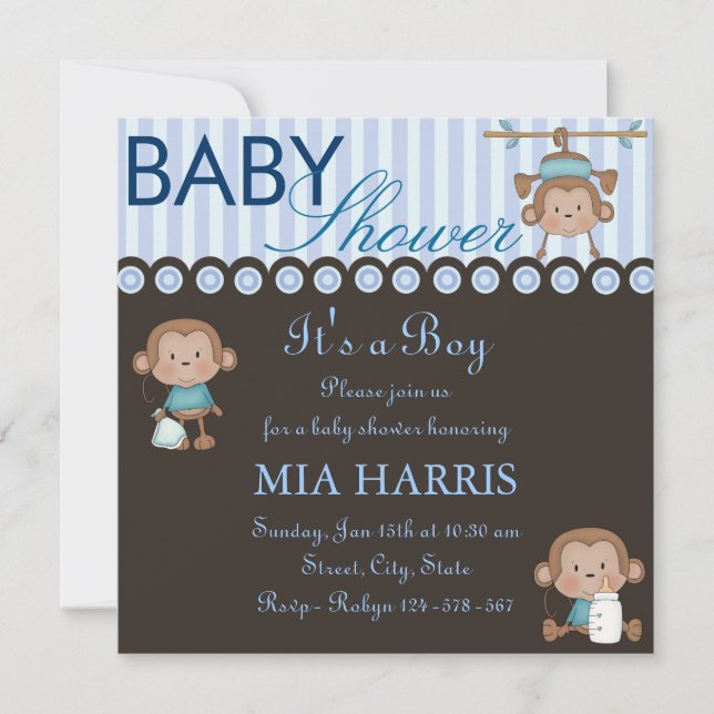 Blå apa design baby shower inbjudan (Framsida)