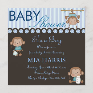 Blå apa design baby shower inbjudan