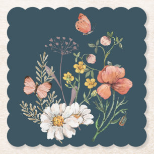 Blå Apricot Peach Rosa WildblomSquare Underlägg Papper