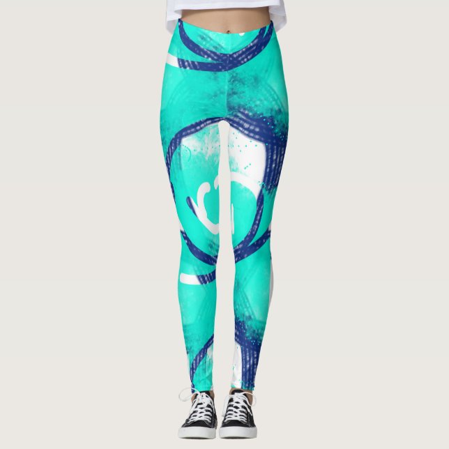 Blå Aqua Abstrakt Mönster Yoga Leggings (Framsida)