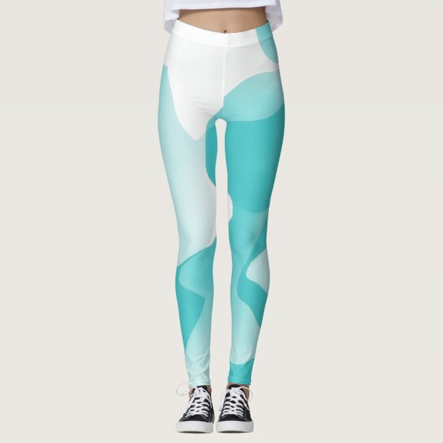 Blå Aqua and White Abstrakt Art Leggings (Framsida)