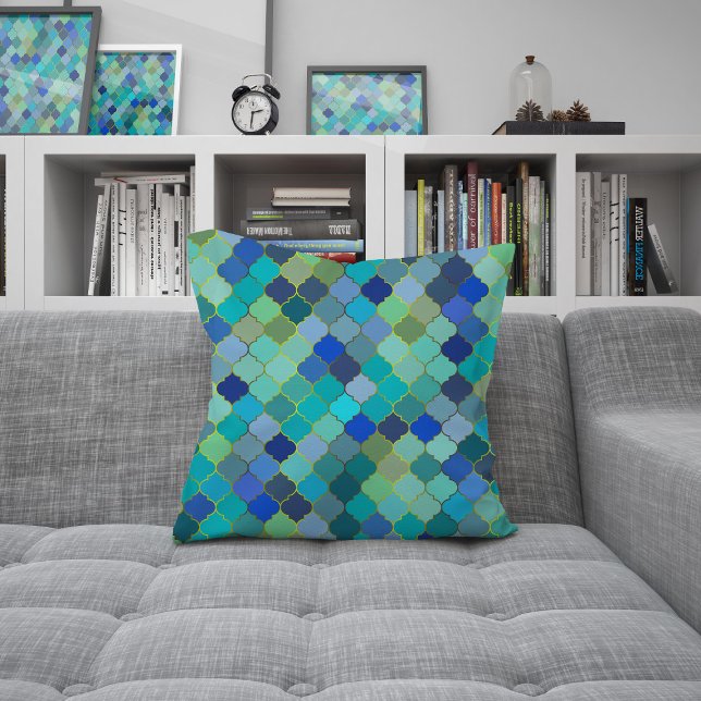 Blå Aqua Marockansk Mosaikmönster Kudde (Blue Aqua Moroccan Mosaic Pattern Throw Pillow by Looly Elzayat)