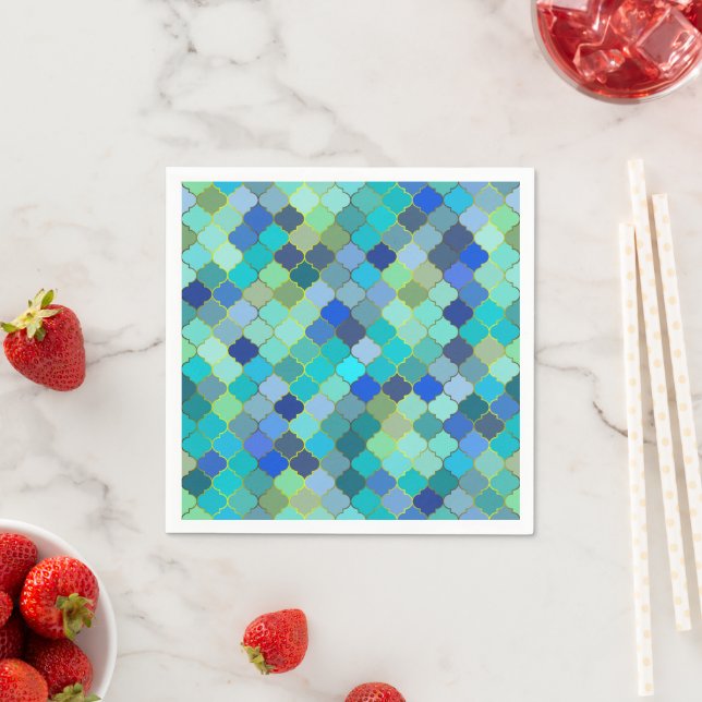 Blå Aqua Marockansk Mosaikmönster Pappersservett (Insitu)