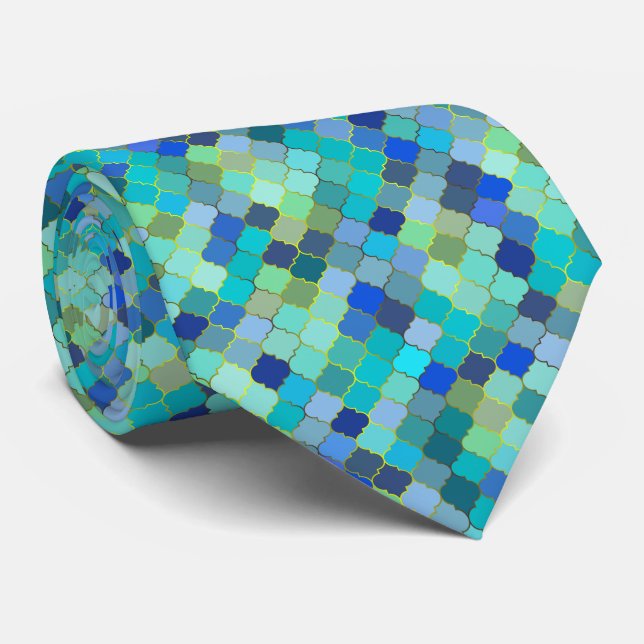 Blå Aqua Marockansk Mosaikmönster Slips (Rullad)