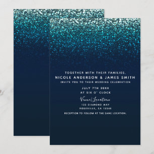 Blå Aqua Navy Glitter Glitter Modern Glam Bröllop Inbjudningar