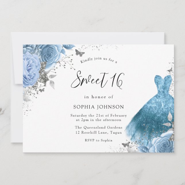 Blå Aqua Silver Dress & Flowers Sweet 16 Inbjudningar (Framsida)