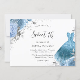 Blå Aqua Silver Dress & Flowers Sweet 16 Inbjudningar