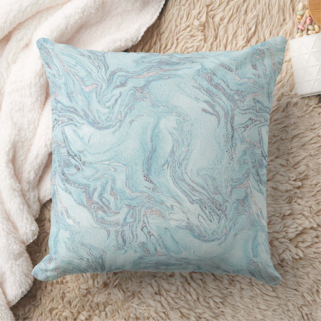 Blå Aqua Silver Marble Swirls Kudde (Filt)