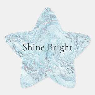 Blå Aqua Silver Marble Swirls Stjärnformat Klistermärke