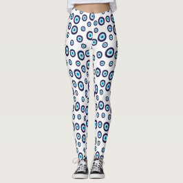 Blå Aqua White Nazar Evil Öga Circles Mönster Leggings