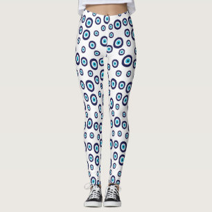 Blå Aqua White Nazar Evil Öga Circles Mönster Leggings