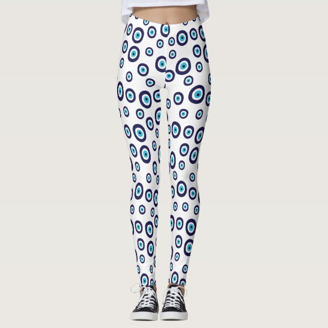 Blå Aqua White Nazar Evil Öga Circles Mönster Leggings (Framsida)