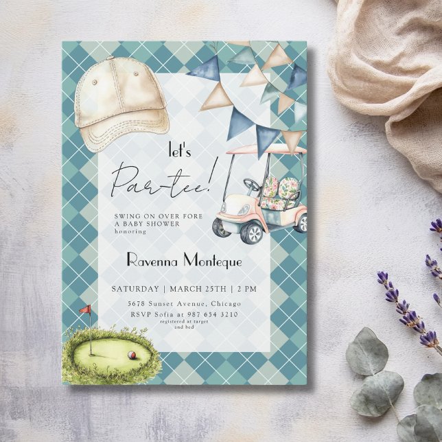 Blå Argyle Golfmössa Flagga Låt Par Tee Baby Showe Inbjudningar (Skapare uppladdad)