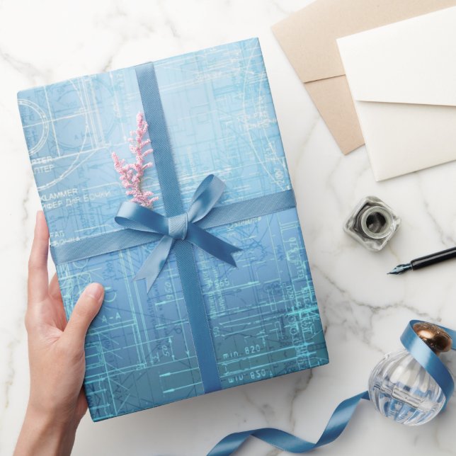 Blå Arkitektoniskt Ritningsmönster Presentpapper  (Gifting)