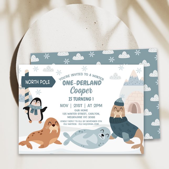 Blå arktiska djur Vinter Onederland 1:a födelsedag Inbjudningar (Modern Arctic Animals Winter Onederland Birthday Invitation, Winter 1st Birthday Invitation Boy)