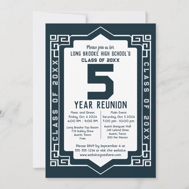 Blå Art Deco 5-årig återförening av gymnasieklass Inbjudningar (Framsida)