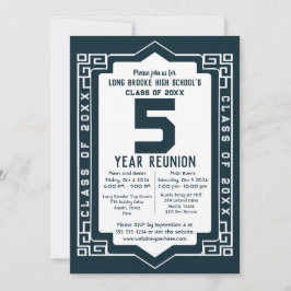 Blå Art Deco 5-årig återförening av gymnasieklass Inbjudningar